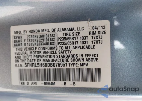 2013 Honda Odyssey Ex-L z USA, uszkodzony, nr VIN 5FNRL5H68DB076951